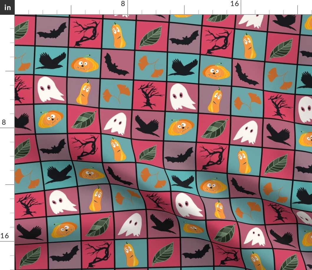 Patchwork Pattern for Halloween / Cheater Quilt on mint and pink - small scale