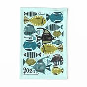 Deep Sea Fishing 2024 Calendar Mid Century Modern Fish Tea Towel Wall Hanging