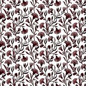 Extra small - Red-brown and white Watercolor floral - Monochrome vintage Chinoiserie china inspired trailing Flowers