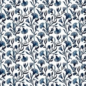 Extra Small - Blue and white Watercolor floral - Monochrome vintage dark prussian blue Chinoiserie china inspired trailing Flowers