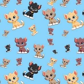 Little lovely cats on blue background
