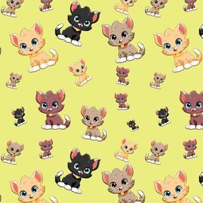 Little lovely cats on yellow background