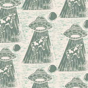 UFO Alien Cow Abduction; Whimsical Lino Block Design-Print Green ivory