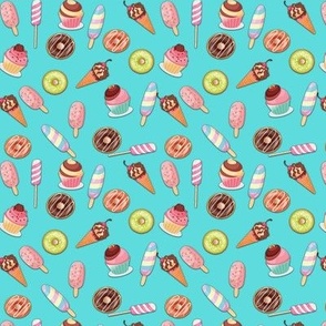 Ice creams, donats and cup cakes on turquoise background