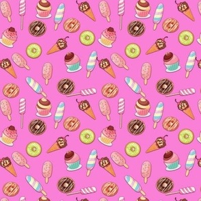 Ice creams, donats and cup cakes on pink background