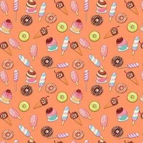 Ice creams, donats and cup cakes on orange background
