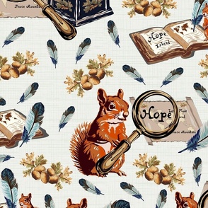 Peace Love Hope Book Loving Woodland Squirrel Cartographers, Old Maps, Ink Pot, Acorns & Feather Quill Tools