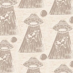 UFO Alien Cow Abduction Print; Whimsical Lino Block Design-Neutral ivory tan