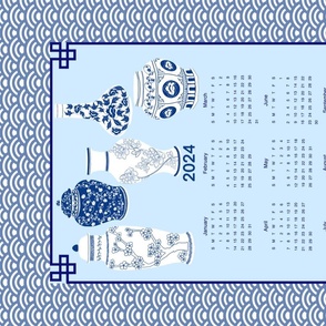 Blue China 2024 Calendar Tea Towel