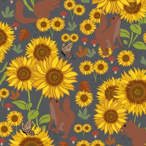 Autumn Squirrels and Sunflower Forest On Blue