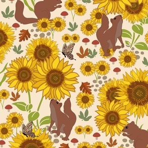 Colorful Autumn Squirrels and Sunflowers On Cream