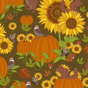 Autumn Fauna Pattern with Sparrows and Squirrels on Brown