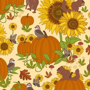 Autumn Sparrow and Squirrel Sunflower Pumpkin Patch on Tan