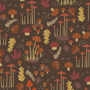 Colorful Autumn Mushroom Forest on Brown