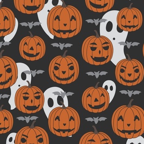Cute Pumpkin and Ghost Halloween Print on Black
