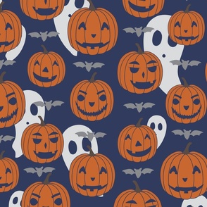 Cute Pumpkin Faces, Ghosts and Bats on Dark Blue