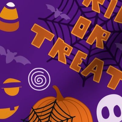 Cute Halloween Pumpkin Faces and Trick or Treat Text on Purple