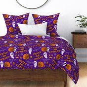 Cute Halloween Pumpkin Faces and Trick or Treat Text on Purple