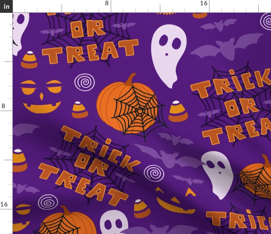 Cute Halloween Pumpkin Faces and Trick or Treat Text on Purple