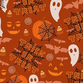 Cute Halloween Pumpkin Faces and Trick or Treat Text on Rust Orange