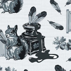 Black and White Love Letters, Antique Book Loving Woodland Squirrels, Ink Pot, Acorns, Oak Leaves & Feather Quill Tools