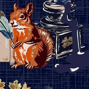 Love and Be Loved Letter Writing Antique Book Loving Woodland Squirrels, Ink Pot, Acorns, Oak Leaves & Feather Quill Tools