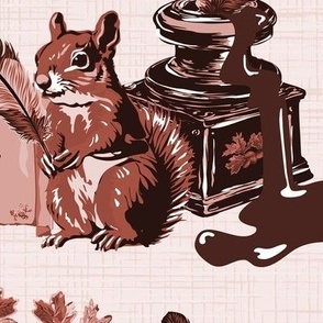Poetic Love Letters, Monochrome Vintage Book Loving Woodland Squirrels, Ink Pot, Acorns, Oak Leaves & Feather Quill Tools