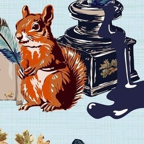 Grandparents Anniversary Love Letter, Antique Book Loving Woodland Squirrels, Ink Pot, Acorns, Oak Leaves & Feather Quill Tools