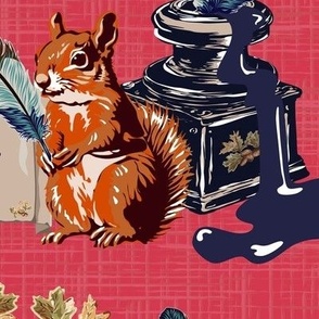 Anniversary Gift Love Letter Writing, Antique Book Loving Woodland Squirrels, Ink Pot, Acorns, Oak Leaves & Feather Quill Tools