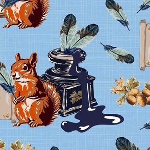 Romantic Wild Woodland Squirrels, Antique Book Lovers, ink Pot, Acorns, Oak Leaves & Feather Quill Tools