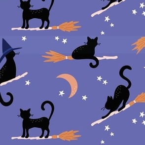 Black Cats on broomsticks on violet - medium size