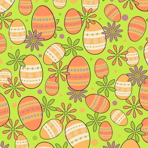 Colorful Retro Flowers and Dotted Easter eggs on Lime Green