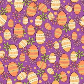 Colorful Retro Flowers and Dotted Easter eggs on Purple