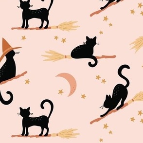 Black Cats on broomsticks on pink - medium size