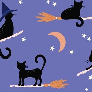 Black Cats on broomsticks on violet - large size