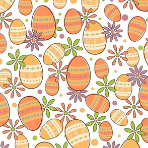Colorful Retro Flowers and Dotted Easter eggs on White