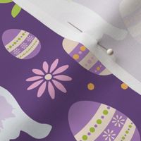 Retro Flower Easter Egg and Bunny Rabbits on Purple