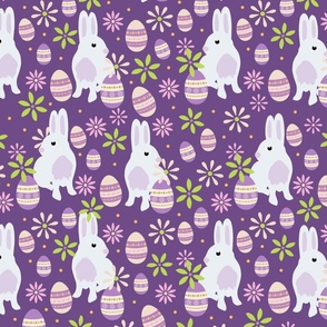 Retro Flower Easter Egg and Bunny Rabbits on Purple