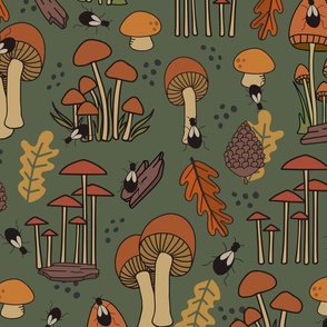 Colorful Mushrooms and Beetle Bugs on Green Fabric