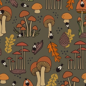 Colorful Mushrooms and Beetle Bugs on Dark Grey