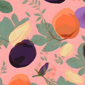 Peaches and Eggplants on Pink Fabric