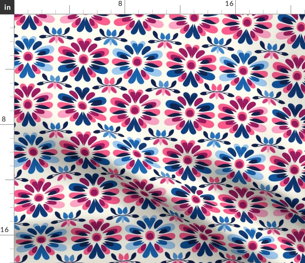 Small Pink & Blue Floral Motif Wallpaper