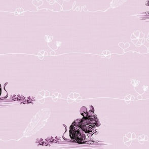 Pretty Hand Drawn Purple Pink and White Flowers Little Love Hearts, Floral Line Art with Cute Door Mouse, Feather Quill and Acorns on Pink Linen Texture