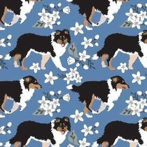 small print // Tri Color Collie Dog Floral Denim  small white flowers