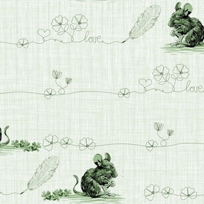 Delicate Flowers Mini Love Hearts, Hand Drawn Floral Line Art with Cute Mouse, Midnight Blue Feather Quill and Acorns on Linen Texture