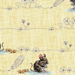 Delicate Flowers Mini Love Hearts, Hand Drawn Floral Line Art with Cute Mouse, Midnight Blue Ink Feather Quill and Acorns on Yellow