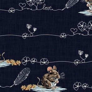 Dark Florals Linen Texture, Flower Line Art with Tiny Hearts and Cute Mouse, Midnight Blue Hand Drawn Feather Quill and Acorns