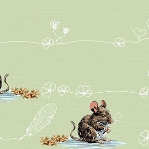 Tiny Hearts Small Flowers, Whimsical Line Art with Cute Mouse, Hand Drawn Florals with Feather Quill and Acorns on Green