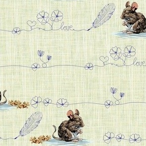 Love Hearts and Flowers, Whimsical Animal Line Art with Cute Mouse, Hand Drawn Flowers with Feather Quill and Acorns on Linen Texture