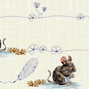 Magical Love Heart Theme, Whimsical Animal Line Art with Cute Mouse, Hand Drawn Flowers with Feather Quill and Acorns on Linen Texture